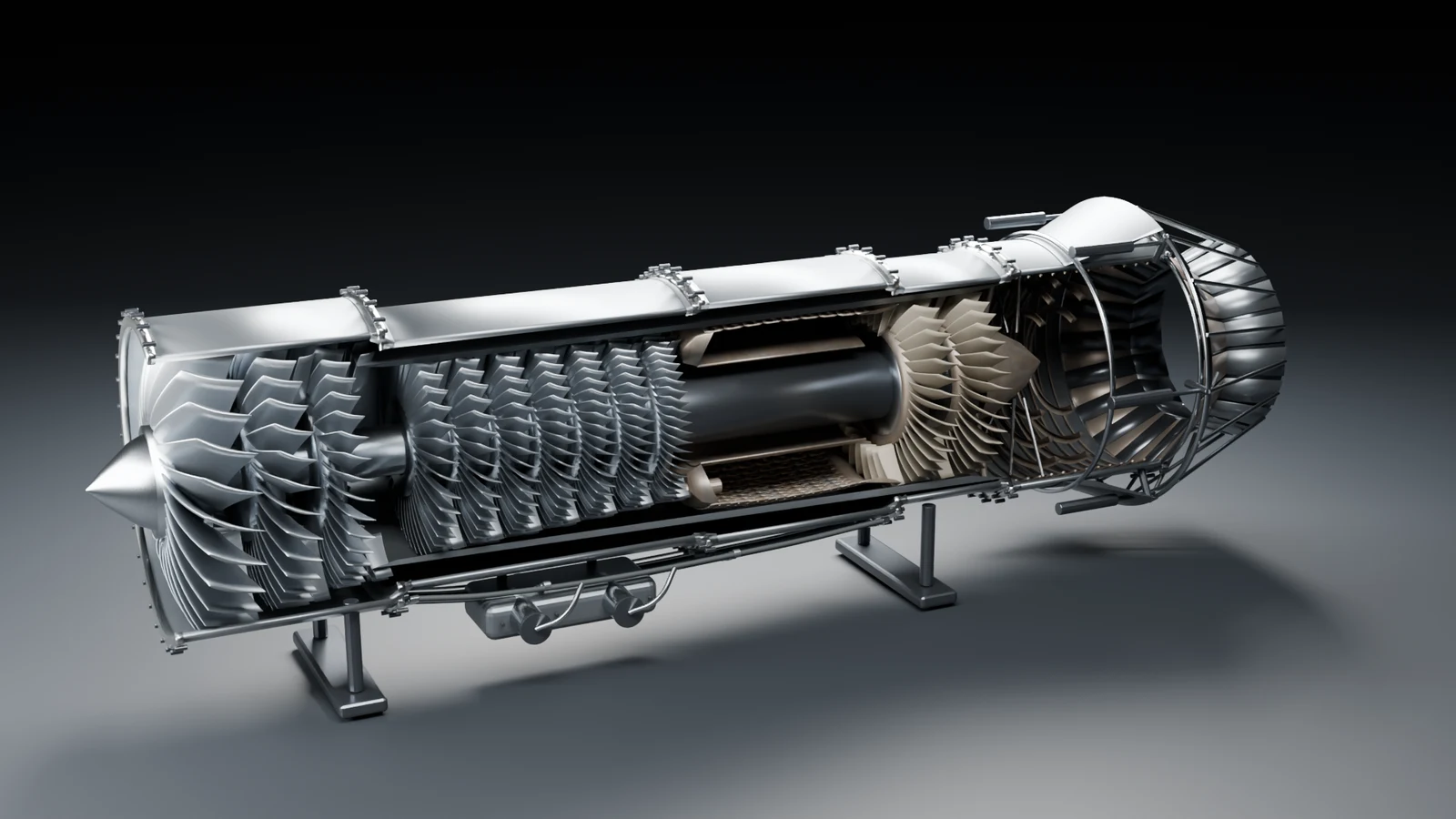 AD-5 jet engine cutaway with compressor stages, combustor and articulated nozzle