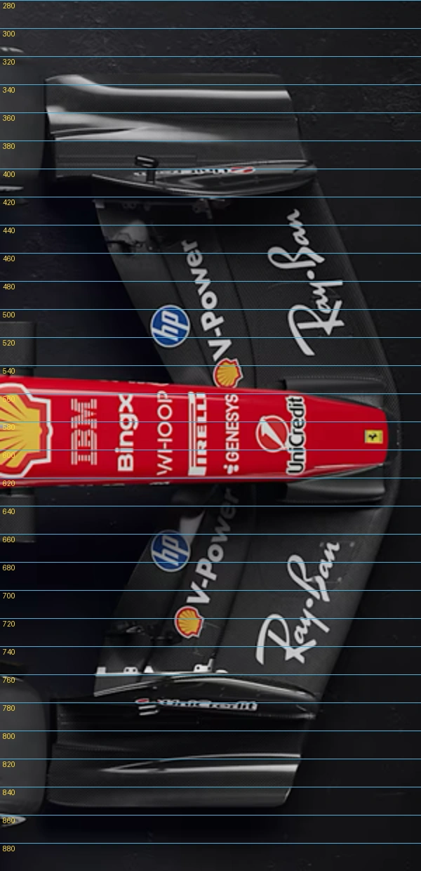 Ferrari source crop with numbered pixel guides. Measurements refer to image coordinates.