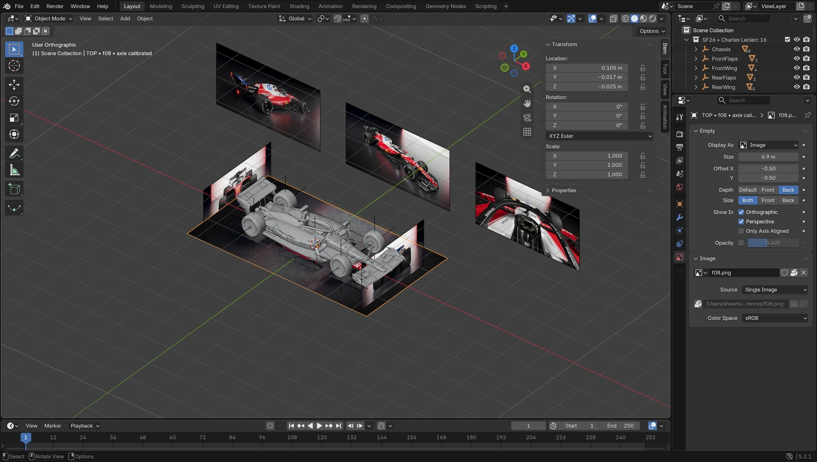 Current inspection of the saved Blender workbench: model geometry alongside the packed top, front, rear and detail reference planes.